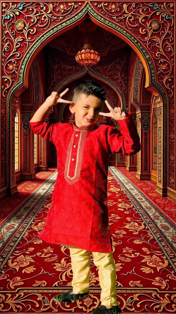 Boys Ethnic Mandarin Collar Long Sleeves Art Dupioni Jacquard Silk Kurta Pajama Set
