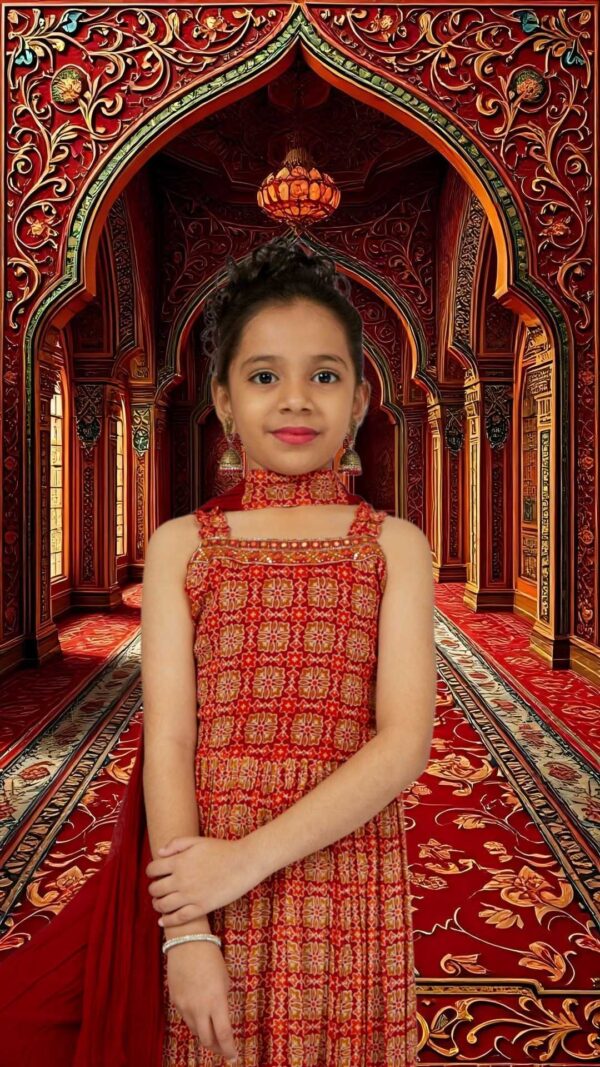 Girls Ethnic Embellished and Embroidered Art Dupioni Silk  Anarkali Set  with Duppatta