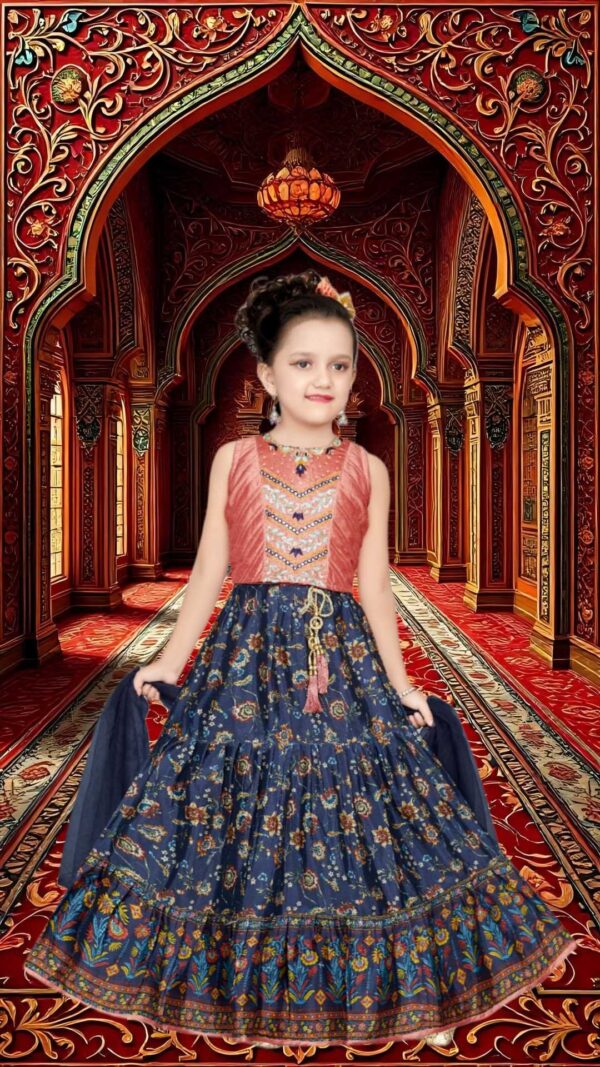 Girls Ethnic Art Dupioni Choli (Blouse) with Digutal Printed Lehenga Set with Duppatta