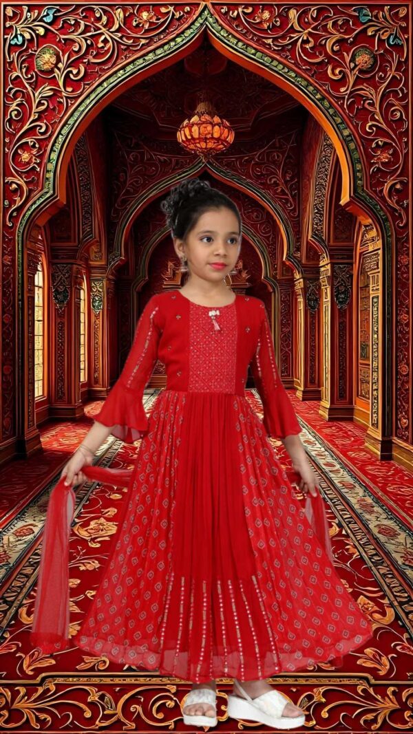 Girls Ethnic Embellished and Embroidered Art Dupioni Silk  Anarkali Set  with Duppatta