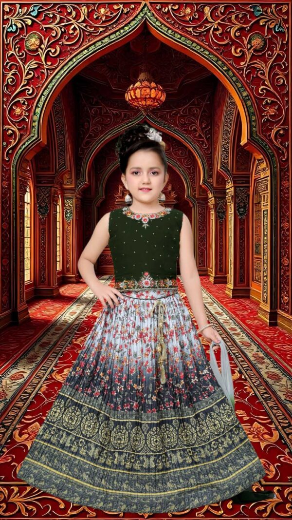 Girls Ethnic Art Dupioni Choli (Blouse) with Digutal Printed Lehenga Set  with Duppatta