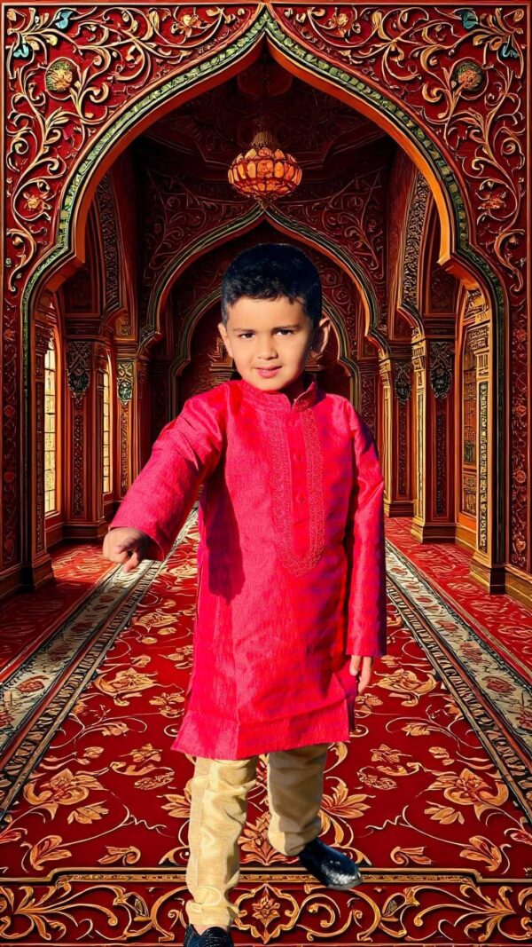 Boys Ethnic Mandarin Collar Long Sleeves Art Dupioni Jacquard Silk Kurta Pajama Set