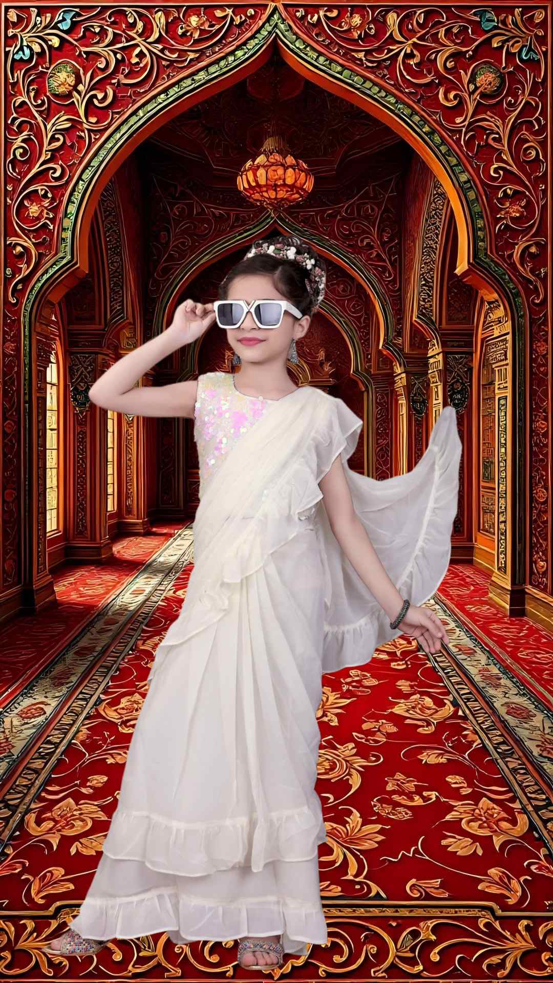Georgette Ruffle Saree  Crafted from lightweight, flowy fabric, the saree with sequin-embellished Blouse