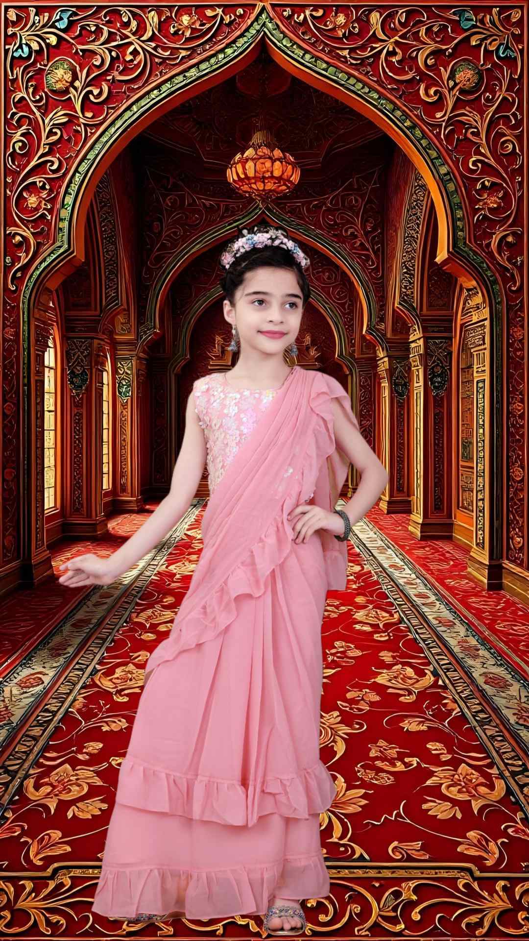 Georgette Ruffle Saree  Crafted from lightweight, flowy fabric, the saree with sequin-embellished Blouse
